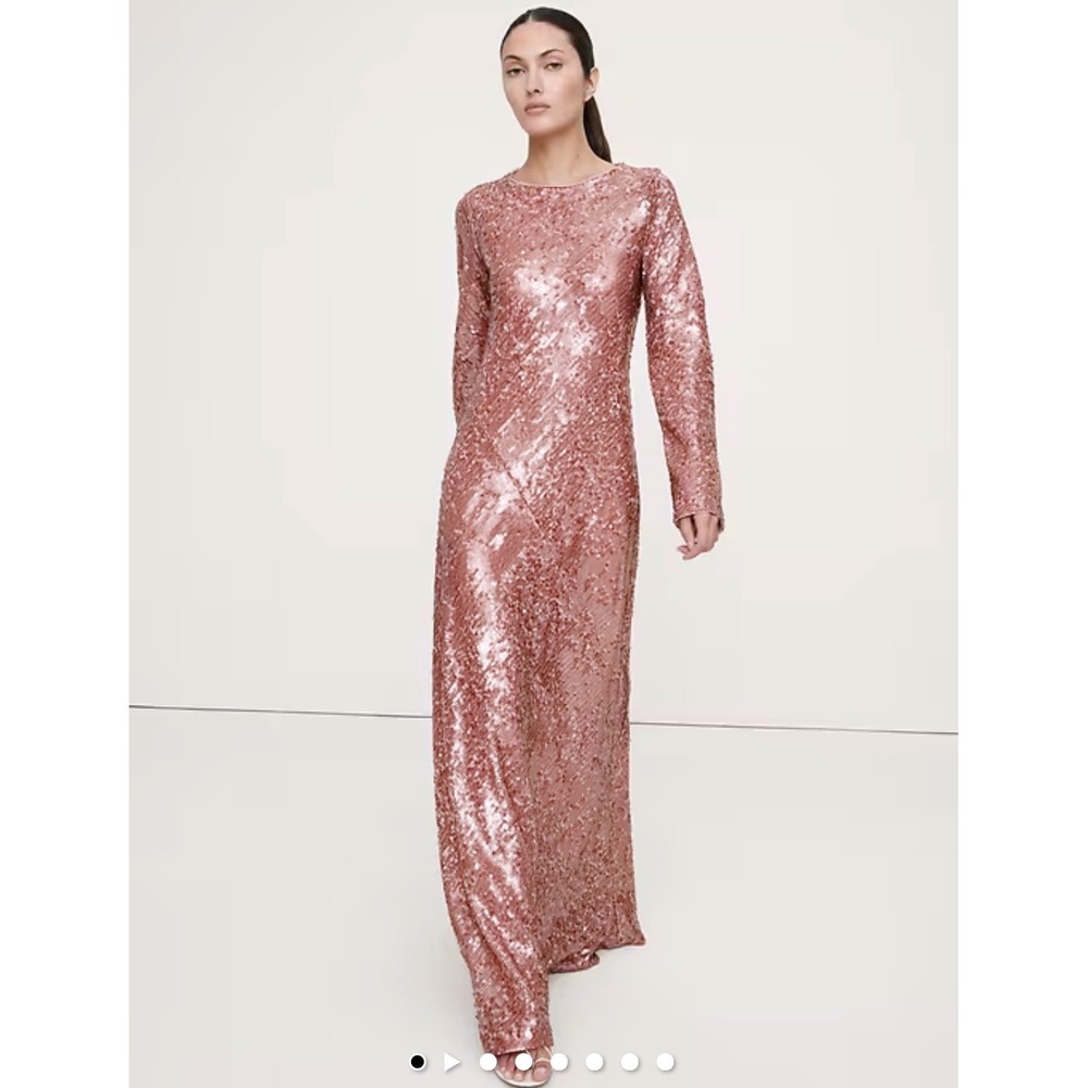 Banana Republic Bias-Cut Sequin Maxi Dress Rose Gold Pink Long Sleeve Sz XS $280